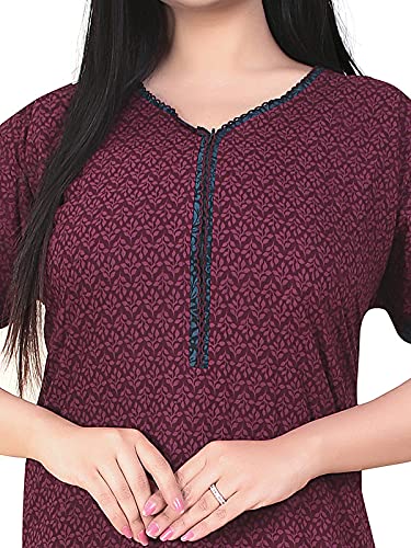 Zairra Women’s Printed Cotton Maxi Nightgown – Mehroon with Front Zipper (Free Size)