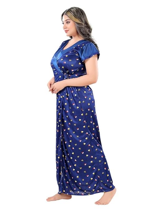 Zairra Satin Maxi Nighty with Matching Robe – Royal Blue, Short Sleeves