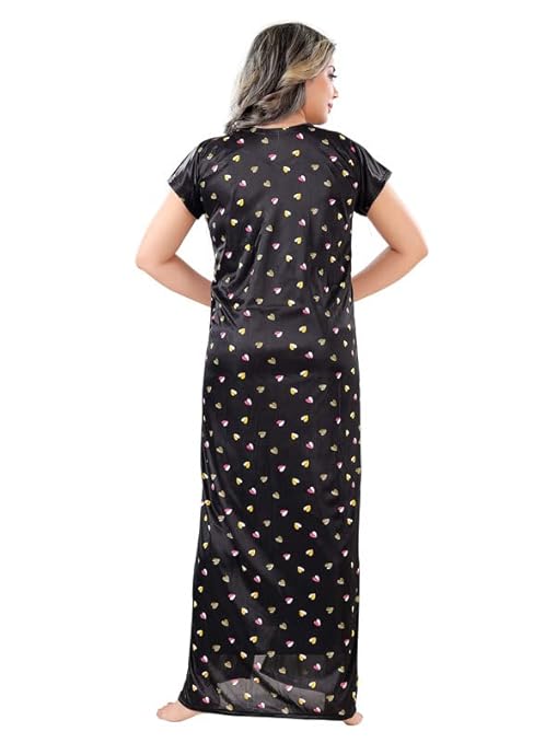 Zairra Satin Solid Maxi Nighty with Matching Robe – Black, Short Sleeves, Free Size