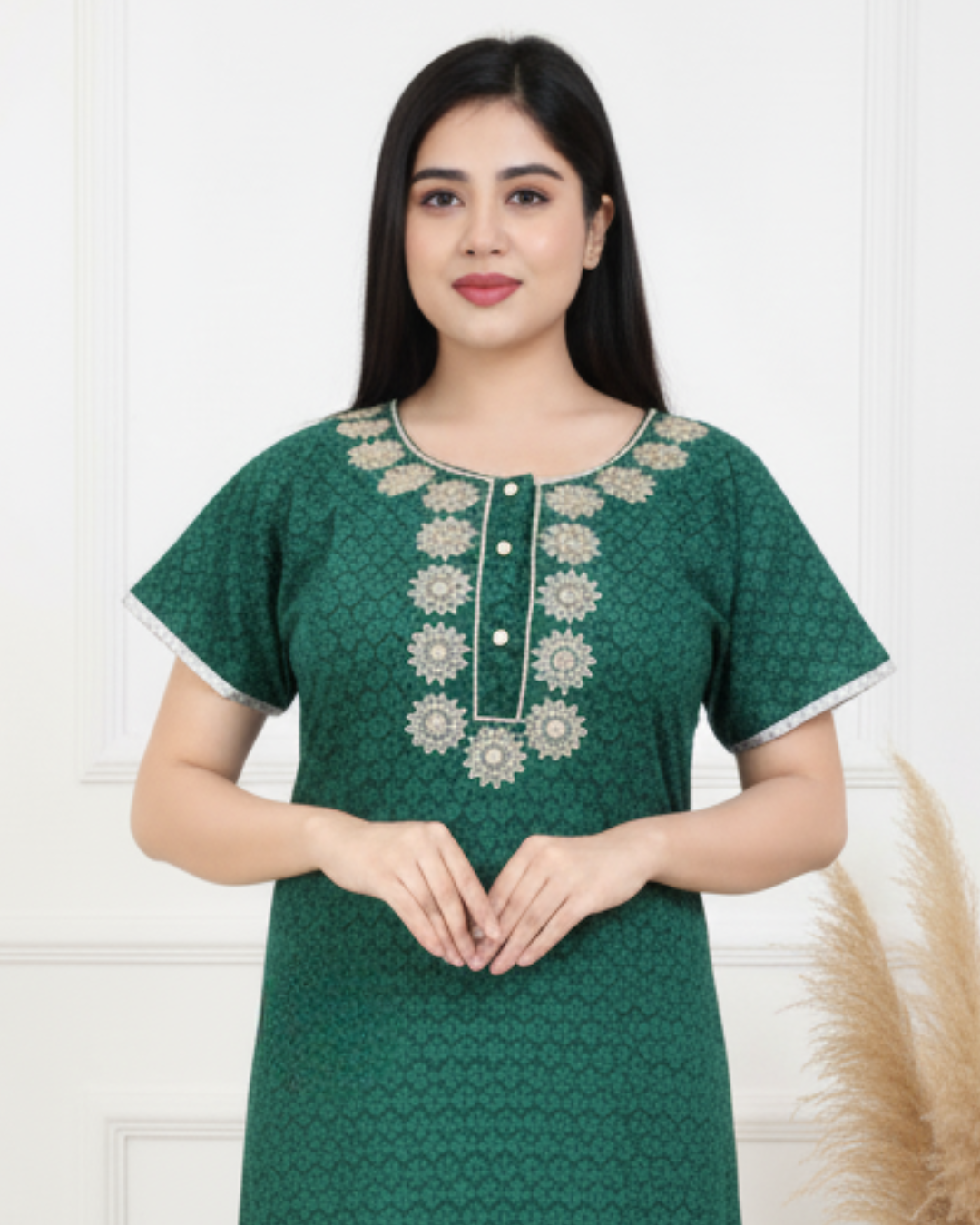 Zairra Women’s Printed Cotton Maxi Nightgown – Green Floral with Front Buttons (Free Size)