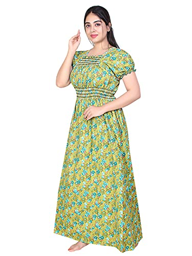 Zairra Women’s Cotton Printed Maxi Nightgown – Mustard Yellow with Blue Floral Print (Free Size)