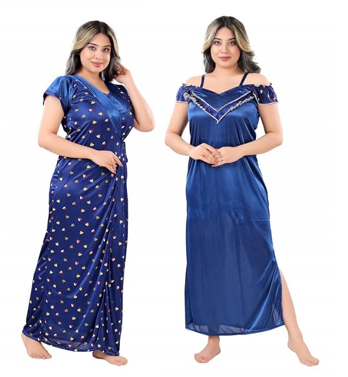 Zairra Satin Maxi Nighty with Matching Robe – Royal Blue, Short Sleeves