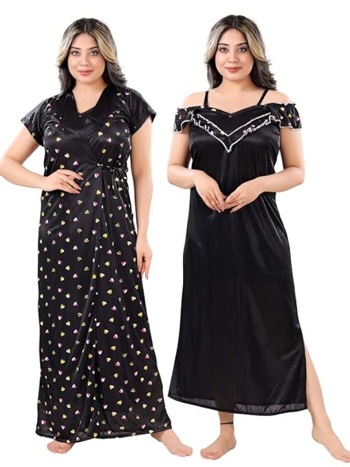 Zairra Satin Solid Maxi Nighty with Matching Robe – Black, Short Sleeves, Free Size