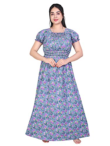 Zairra Women’s Cotton Printed Maxi Nightgown – Blue Floral Design (Free Size)