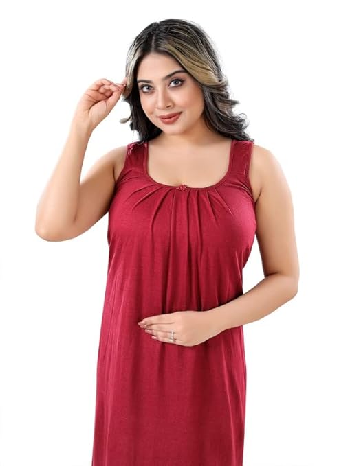 Zairra Sleeveless Cotton Blend Maxi Nighty for Women – Maroon, Free Size