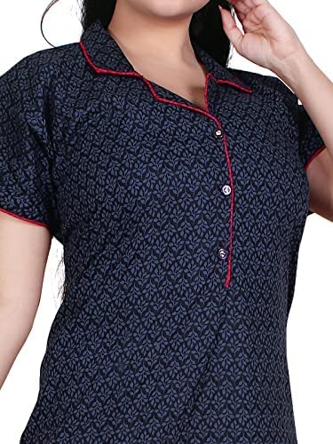 Zairra Stylish Cotton Nightwear for Women – Navy Blue with Red Contrast and Polka Dot Print