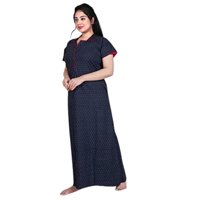 Zairra Stylish Cotton Nightwear for Women – Navy Blue with Red Contrast and Polka Dot Print