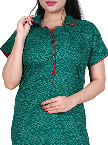 Zairra Green Printed Cotton Nighty with Front Pleats for Women – Free Size, Comfortable Fit