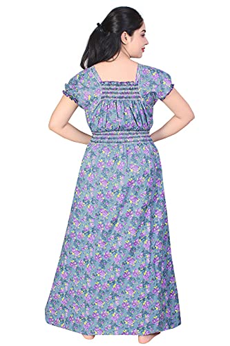 Zairra Women’s Cotton Printed Maxi Nightgown – Blue Floral Design (Free Size)