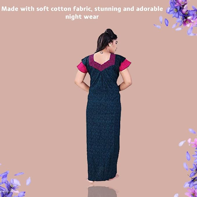 Zairra Embroidered Cotton Full-Length Nightgown for Women – Blue with Magenta Yoke and Frill Sleeves, Free Size