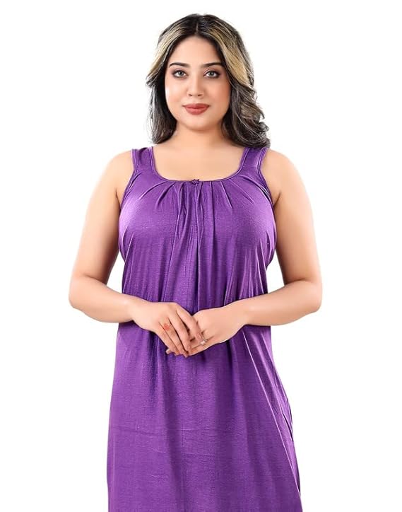 Zairra Purple Sleeveless Cotton Nighty – Maxi Length, Free Size