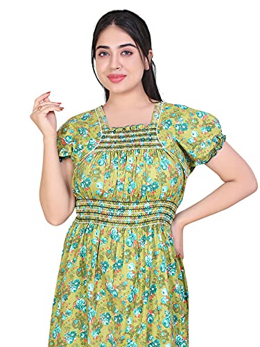 Zairra Women’s Cotton Printed Maxi Nightgown – Mustard Yellow with Blue Floral Print (Free Size)