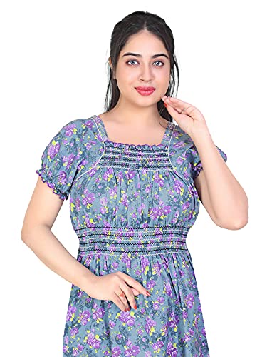 Zairra Women’s Cotton Printed Maxi Nightgown – Blue Floral Design (Free Size)