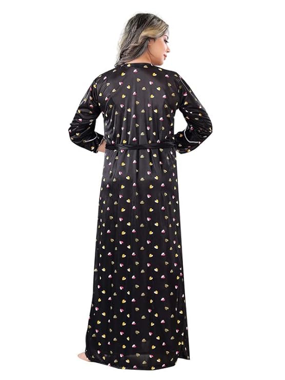 Zairra Sleeveless Satin Maxi Nighty with Matching Robe – Black, Free Size
