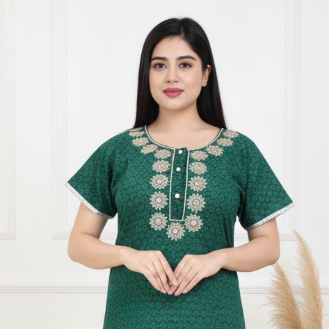 Zairra Women’s Printed Cotton Maxi Nightgown – Green Floral with Front Buttons (Free Size)