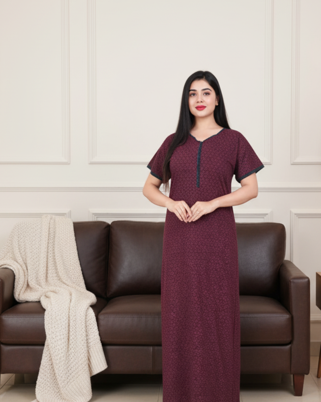 Zairra Women’s Printed Cotton Maxi Nightgown – Mehroon with Front Zipper (Free Size)