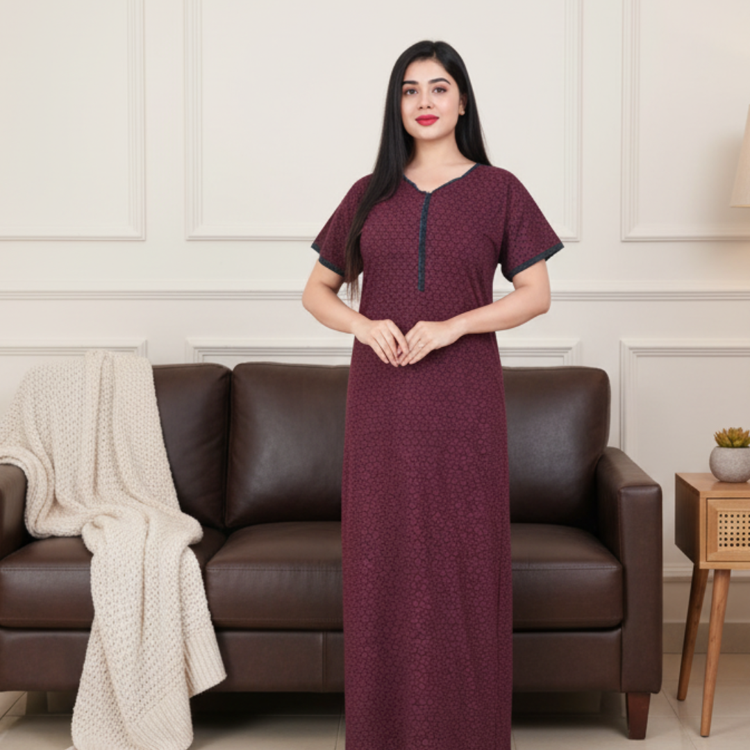 Zairra Women’s Printed Cotton Maxi Nightgown – Mehroon with Front Zipper (Free Size)