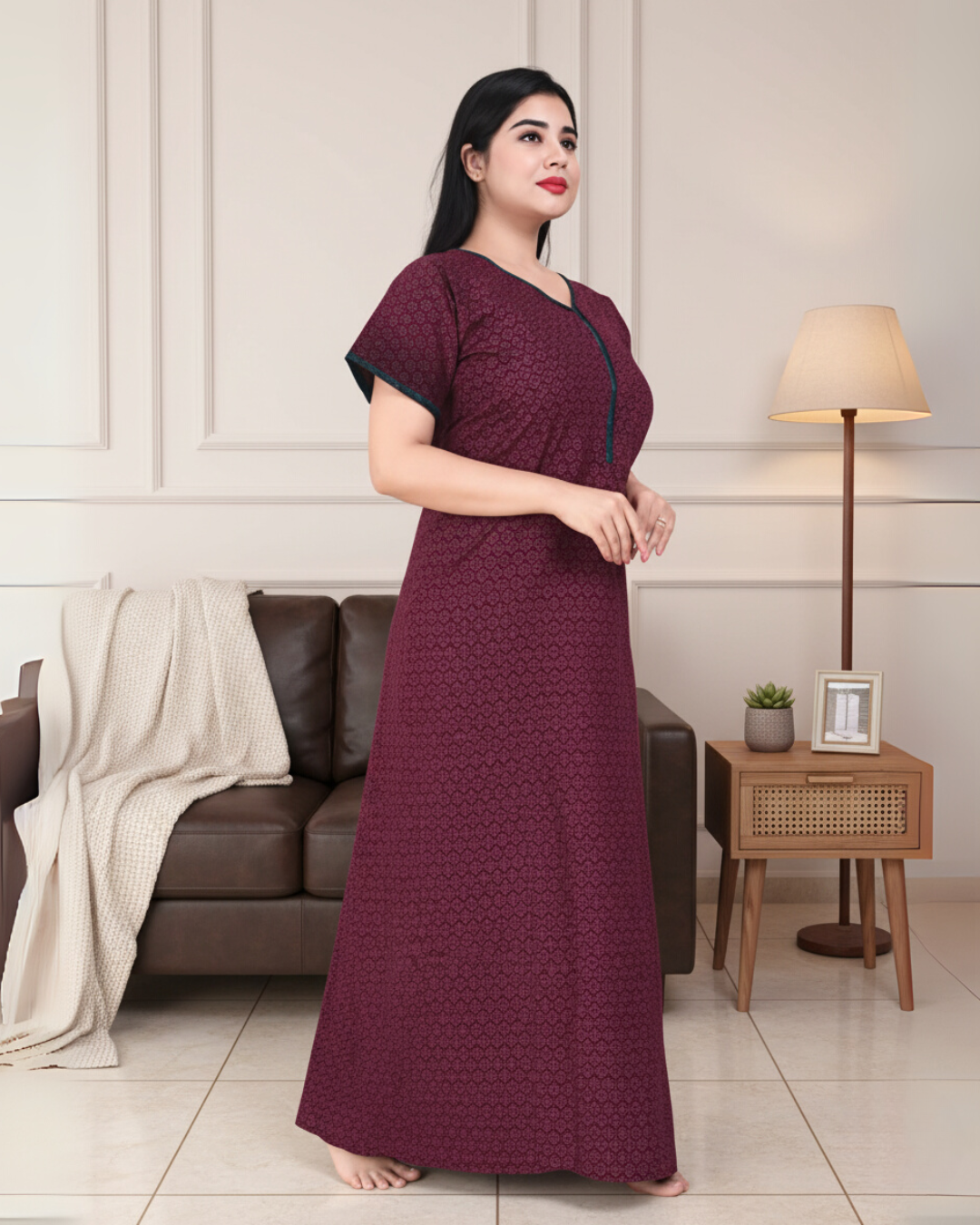 Zairra Women’s Printed Cotton Maxi Nightgown – Mehroon with Front Zipper (Free Size)