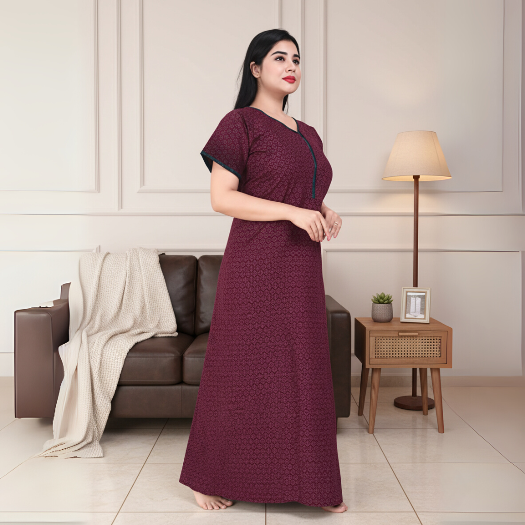 Zairra Women’s Printed Cotton Maxi Nightgown – Mehroon with Front Zipper (Free Size)