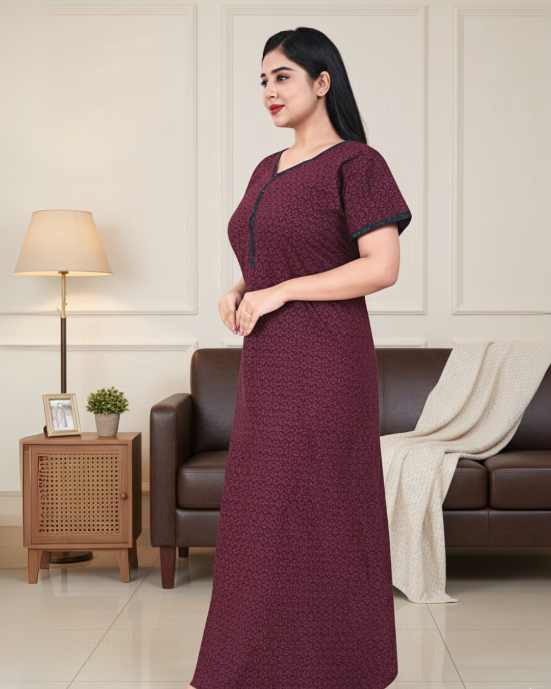 Zairra Women’s Printed Cotton Maxi Nightgown – Mehroon with Front Zipper (Free Size)