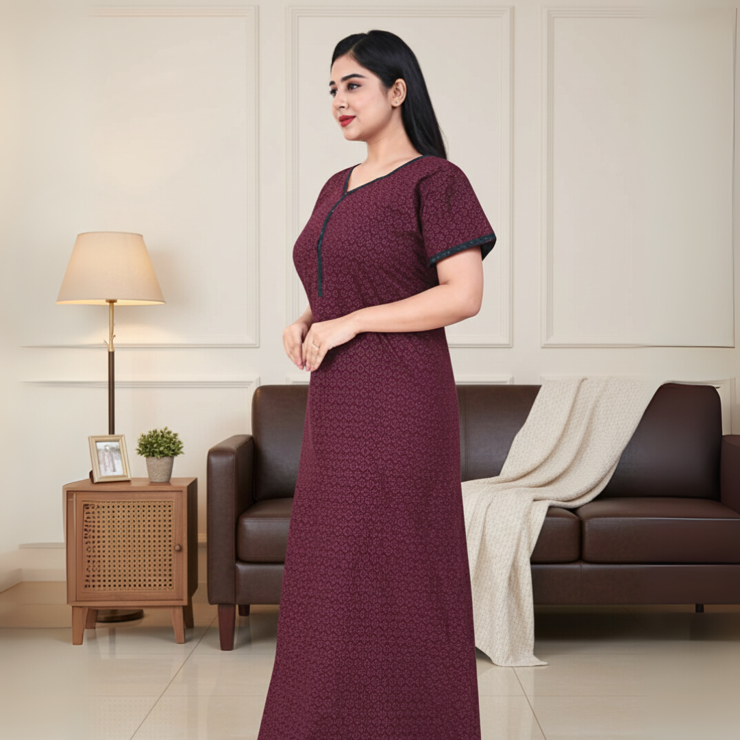 Zairra Women’s Printed Cotton Maxi Nightgown – Mehroon with Front Zipper (Free Size)