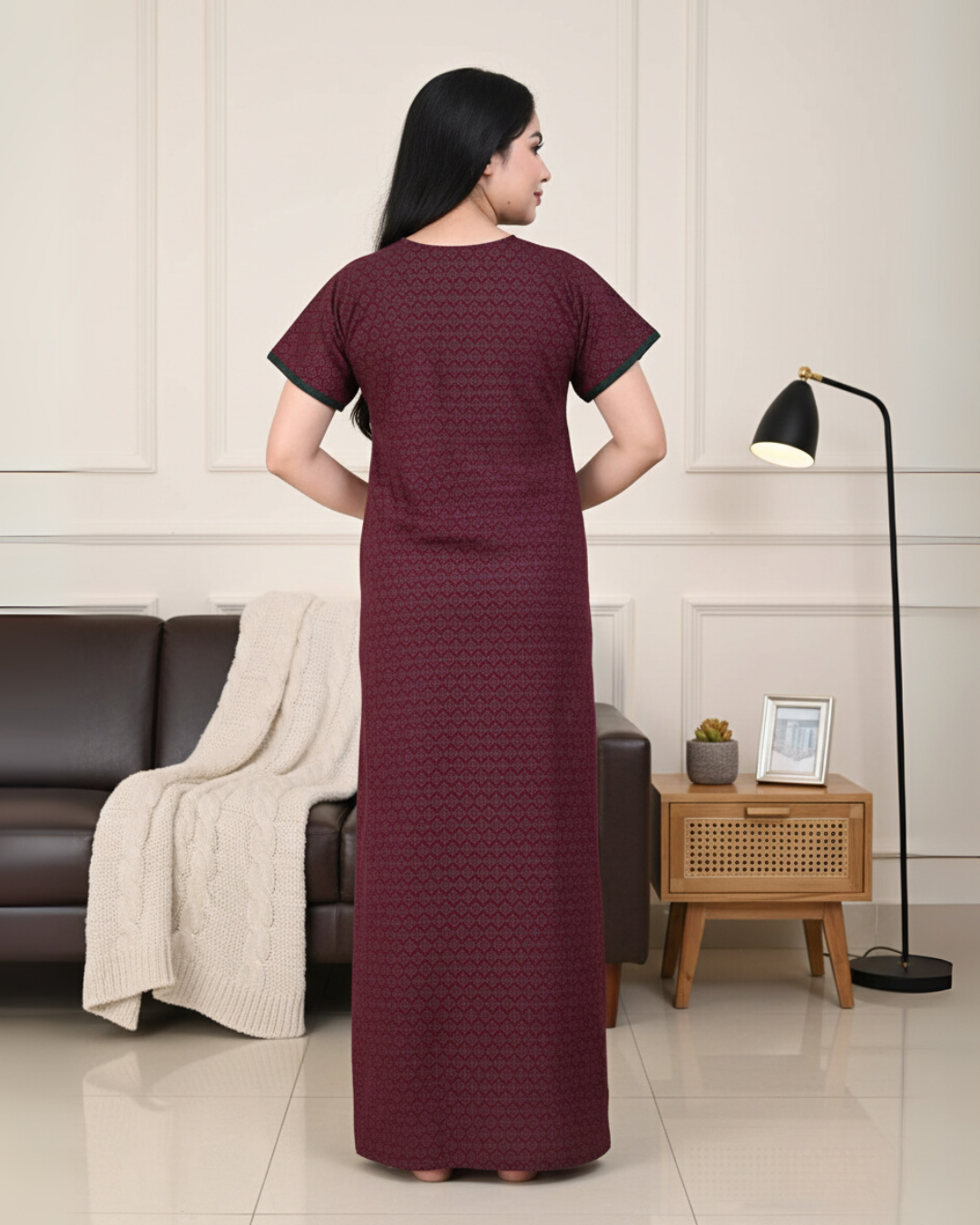 Zairra Women’s Printed Cotton Maxi Nightgown – Mehroon with Front Zipper (Free Size)