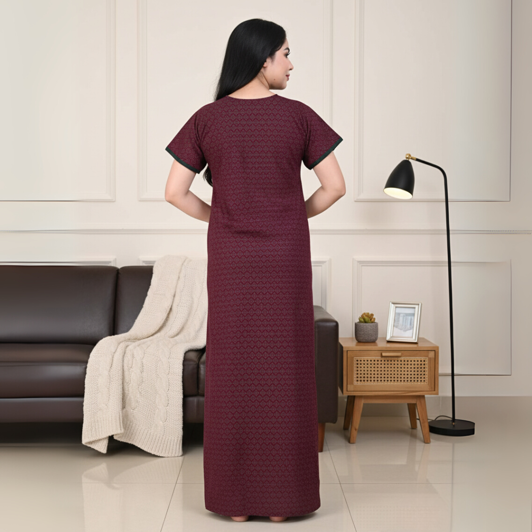 Zairra Women’s Printed Cotton Maxi Nightgown – Mehroon with Front Zipper (Free Size)