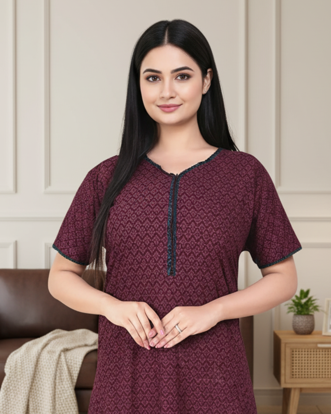 Zairra Women’s Printed Cotton Maxi Nightgown – Mehroon with Front Zipper (Free Size)