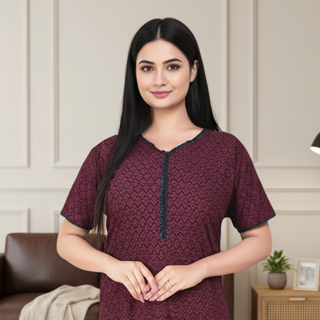 Zairra Women’s Printed Cotton Maxi Nightgown – Mehroon with Front Zipper (Free Size)