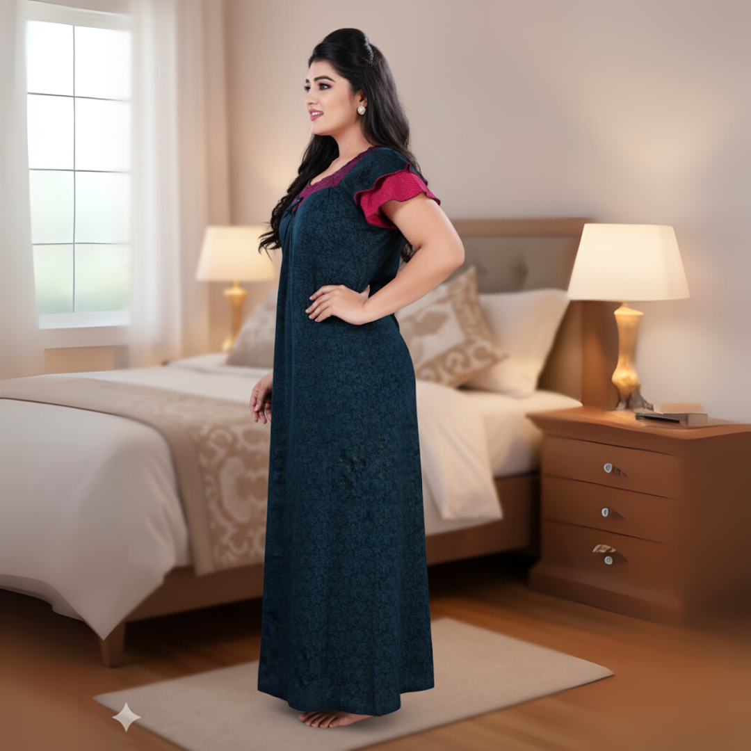 Zairra Embroidered Cotton Full-Length Nightgown for Women – Blue with Magenta Yoke and Frill Sleeves, Free Size