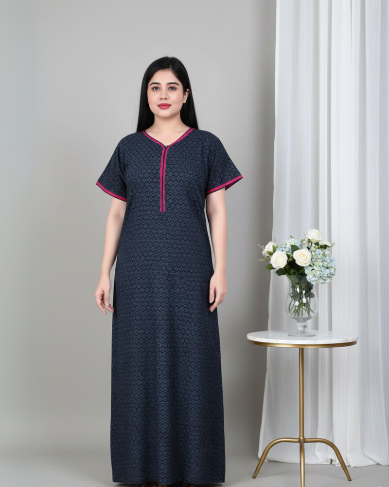 Zairra Women’s Cotton Printed Maxi Nightgown – Navy Blue with Pink Contrast Zipper (Free Size)