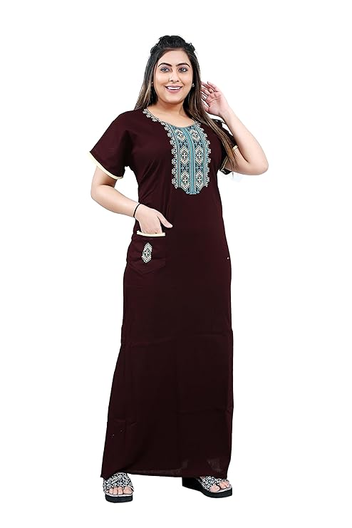 Zairra Women’s Cotton Printed Nightgown with Pocket – Maroon Embroidered Maxi Sleepwear