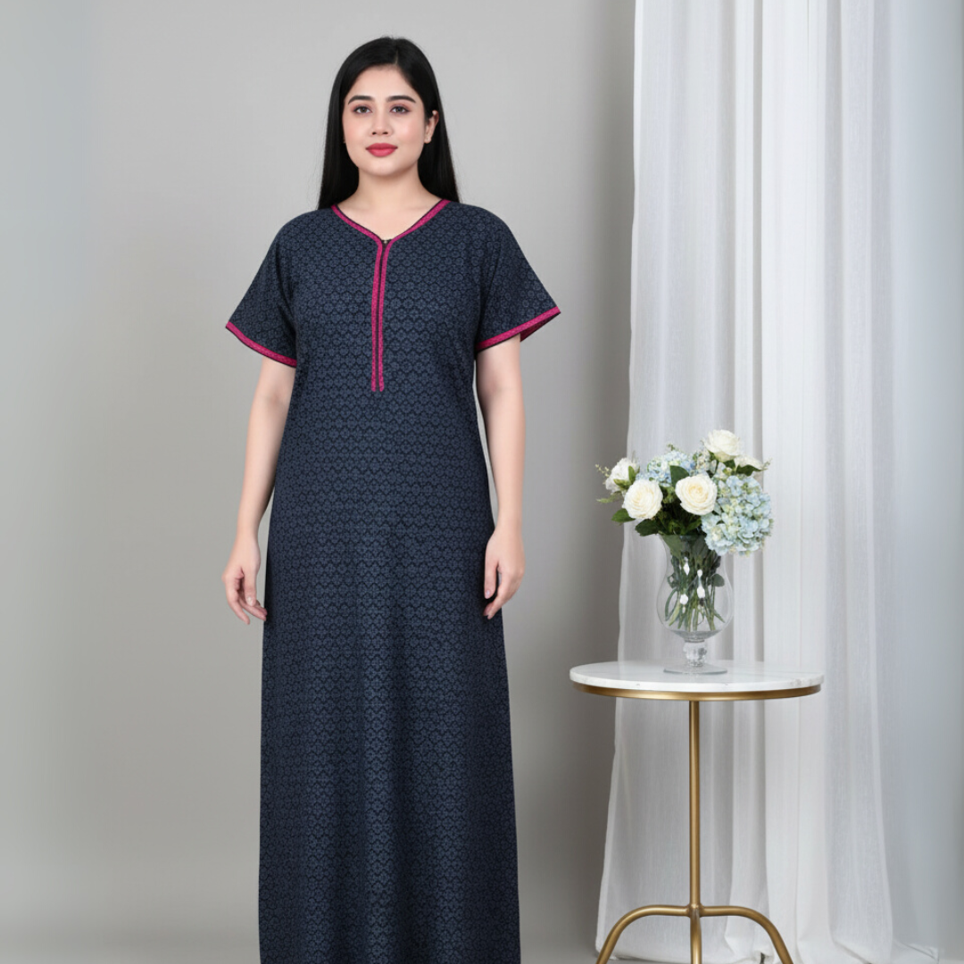 Zairra Women’s Cotton Printed Maxi Nightgown – Navy Blue with Pink Contrast Zipper (Free Size)