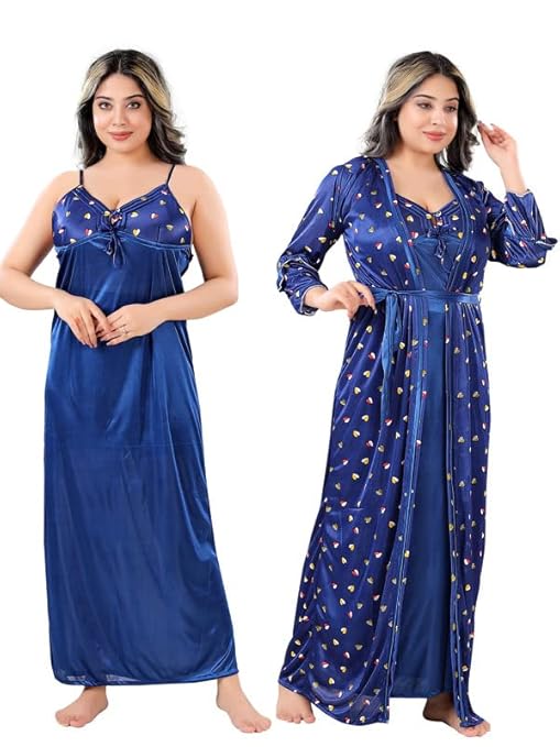 Zairra Sleeveless Satin Solid Maxi Nighty with Robe – Blue, Free Size