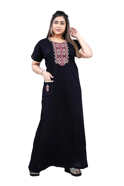 Zairra Women’s Cotton Embroidered Nightgown with Pocket – Black Maxi Sleepwear