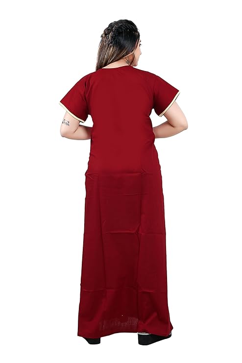 Zairra Women’s Cotton Embroidered Nightgown with Pocket – Elegant Red Maxi Sleepwear