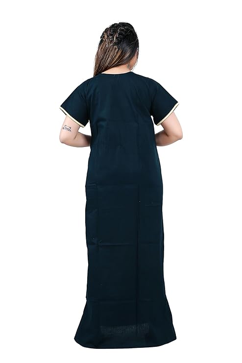 Zairra Women’s Cotton Embroidered Nightgown with Pocket – Navy Blue Maxi Sleepwear