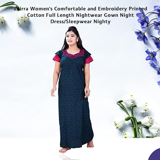 Zairra Embroidered Cotton Full-Length Nightgown for Women – Blue with Magenta Yoke and Frill Sleeves, Free Size