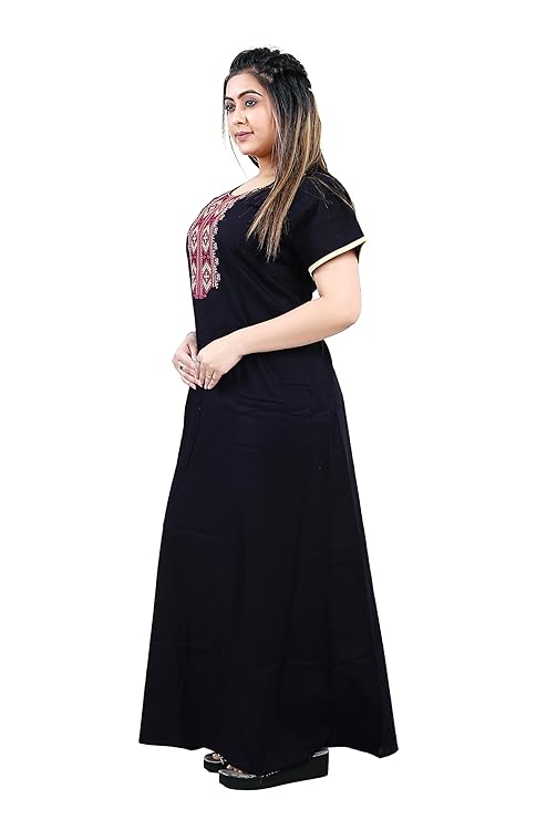Zairra Women’s Cotton Embroidered Nightgown with Pocket – Black Maxi Sleepwear