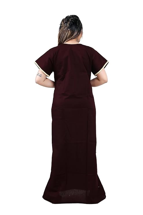 Zairra Women’s Cotton Printed Nightgown with Pocket – Maroon Embroidered Maxi Sleepwear