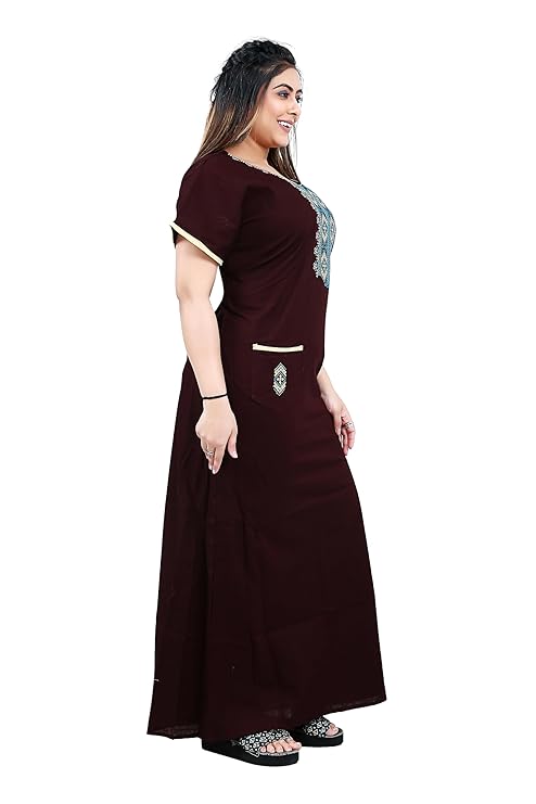 Zairra Women’s Cotton Printed Nightgown with Pocket – Maroon Embroidered Maxi Sleepwear