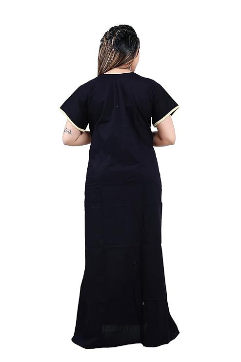 Zairra Women’s Cotton Embroidered Nightgown with Pocket – Black Maxi Sleepwear