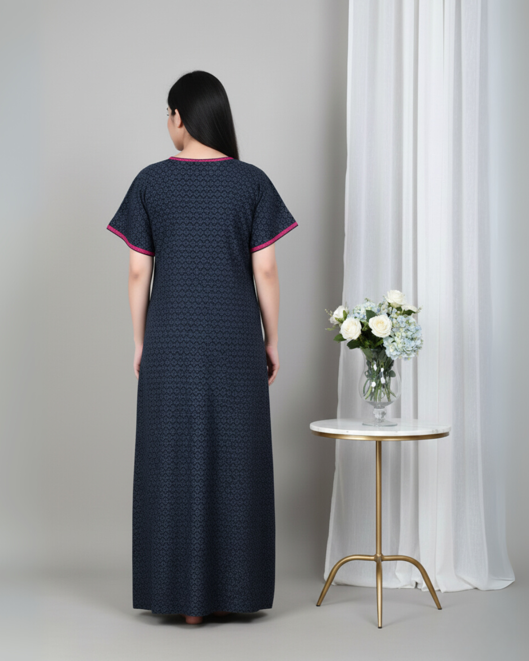 Zairra Women’s Cotton Printed Maxi Nightgown – Navy Blue with Pink Contrast Zipper (Free Size)