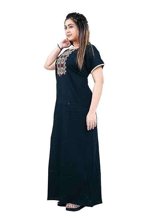 Zairra Women’s Cotton Embroidered Nightgown with Pocket – Navy Blue Maxi Sleepwear