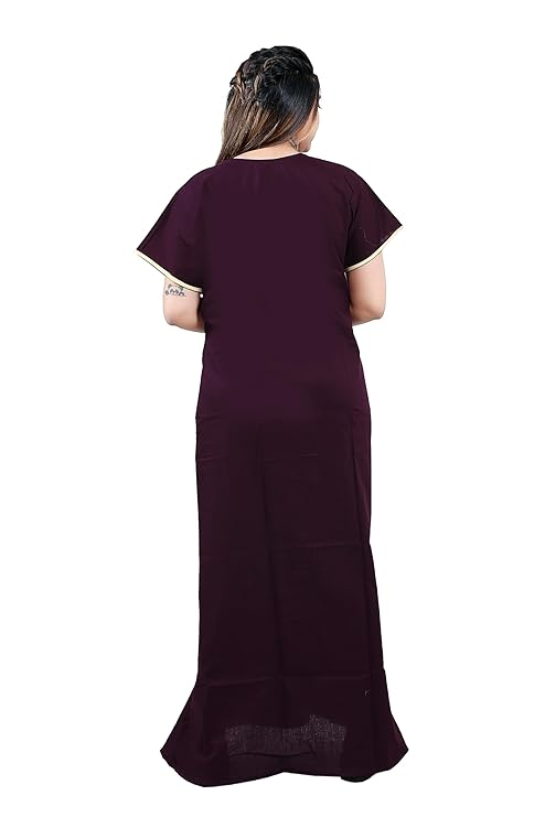 Zairra Women’s Cotton Embroidered Nightgown with Pocket – Deep Wine Maxi Sleepwear
