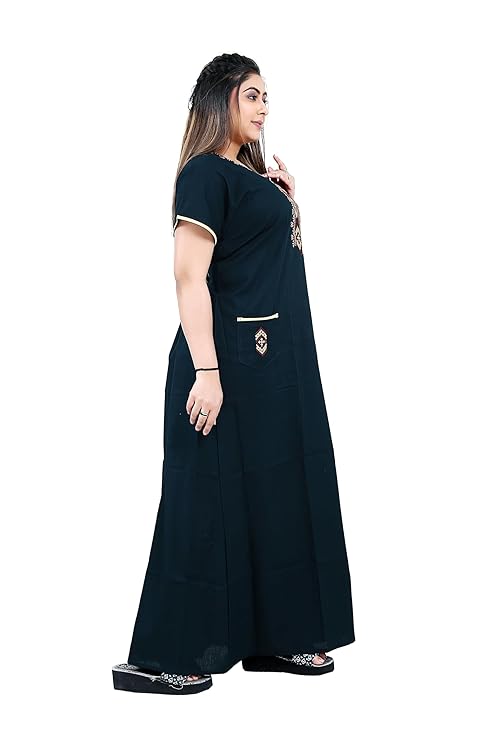 Zairra Women’s Cotton Embroidered Nightgown with Pocket – Navy Blue Maxi Sleepwear