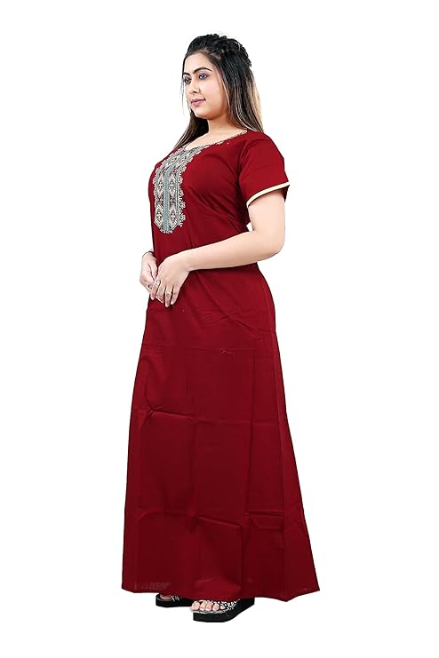 Zairra Women’s Cotton Embroidered Nightgown with Pocket – Elegant Red Maxi Sleepwear
