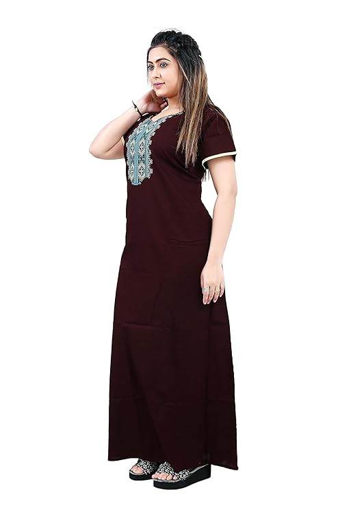 Zairra Women’s Cotton Printed Nightgown with Pocket – Maroon Embroidered Maxi Sleepwear
