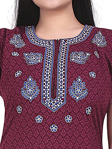 Zairra Women’s Cotton Printed Maxi Nightgown – Maroon with Blue Embroidered Yoke (Free Size, Zipper Closure)
