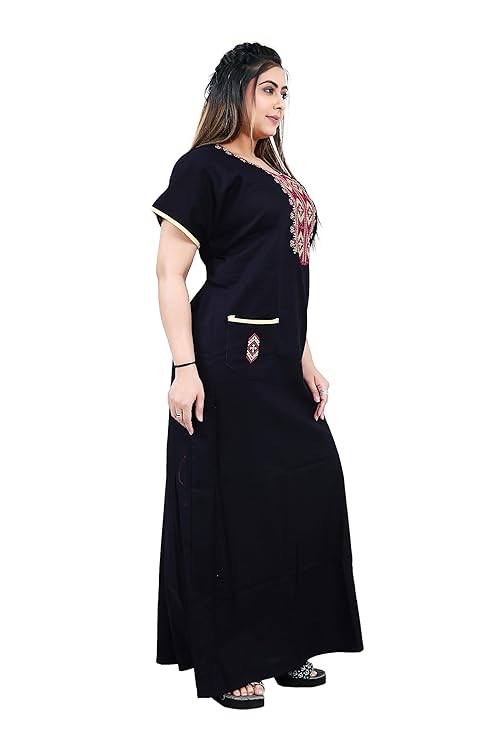 Zairra Women’s Cotton Embroidered Nightgown with Pocket – Black Maxi Sleepwear